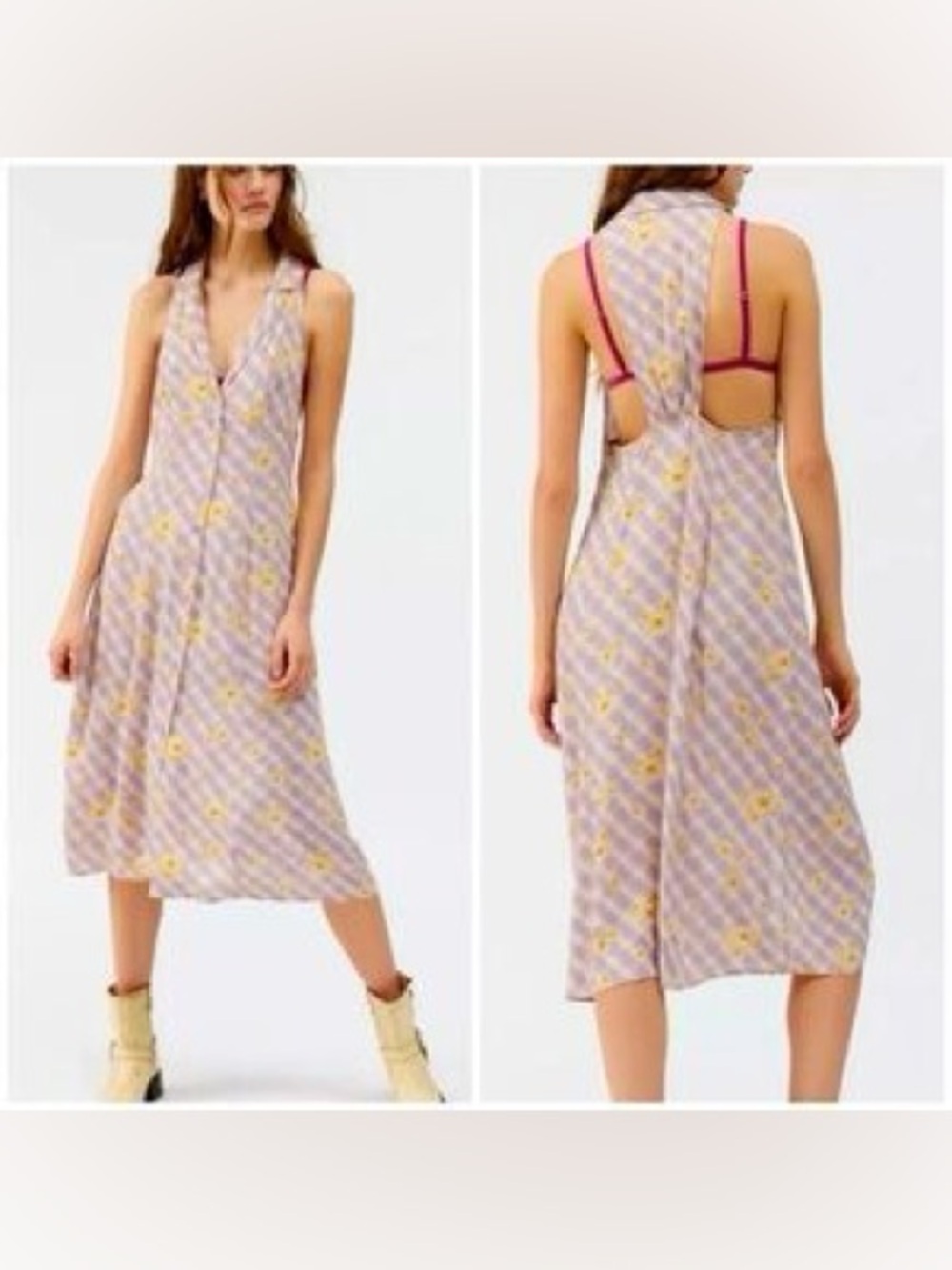 Urban Outfitters Lavender Plaid Midi Dress with Yellow Floral Print NWOT